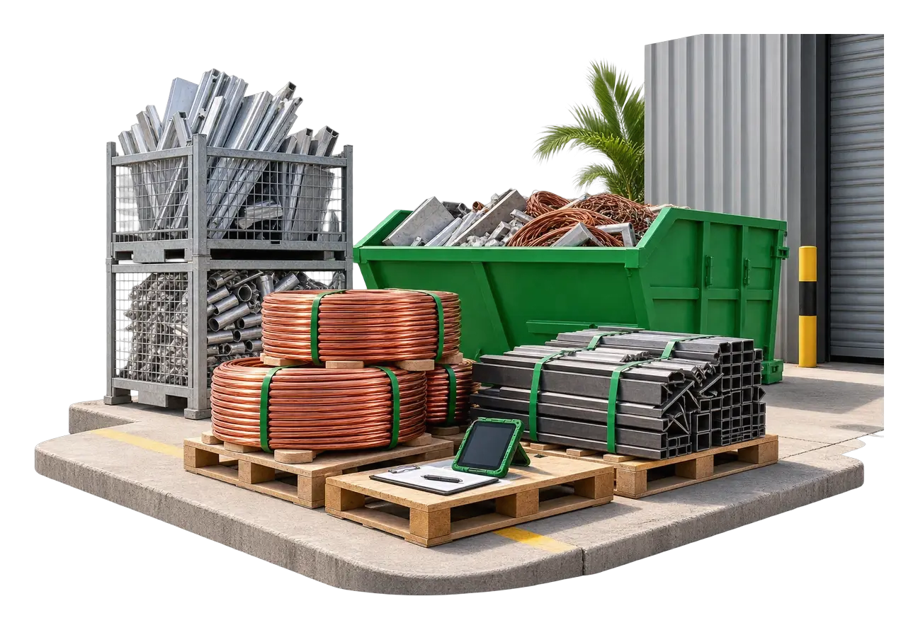 Warehouse loading bay with palletised copper coils, banded steel offcuts, a stillage cage and a green skip bin ready for collection