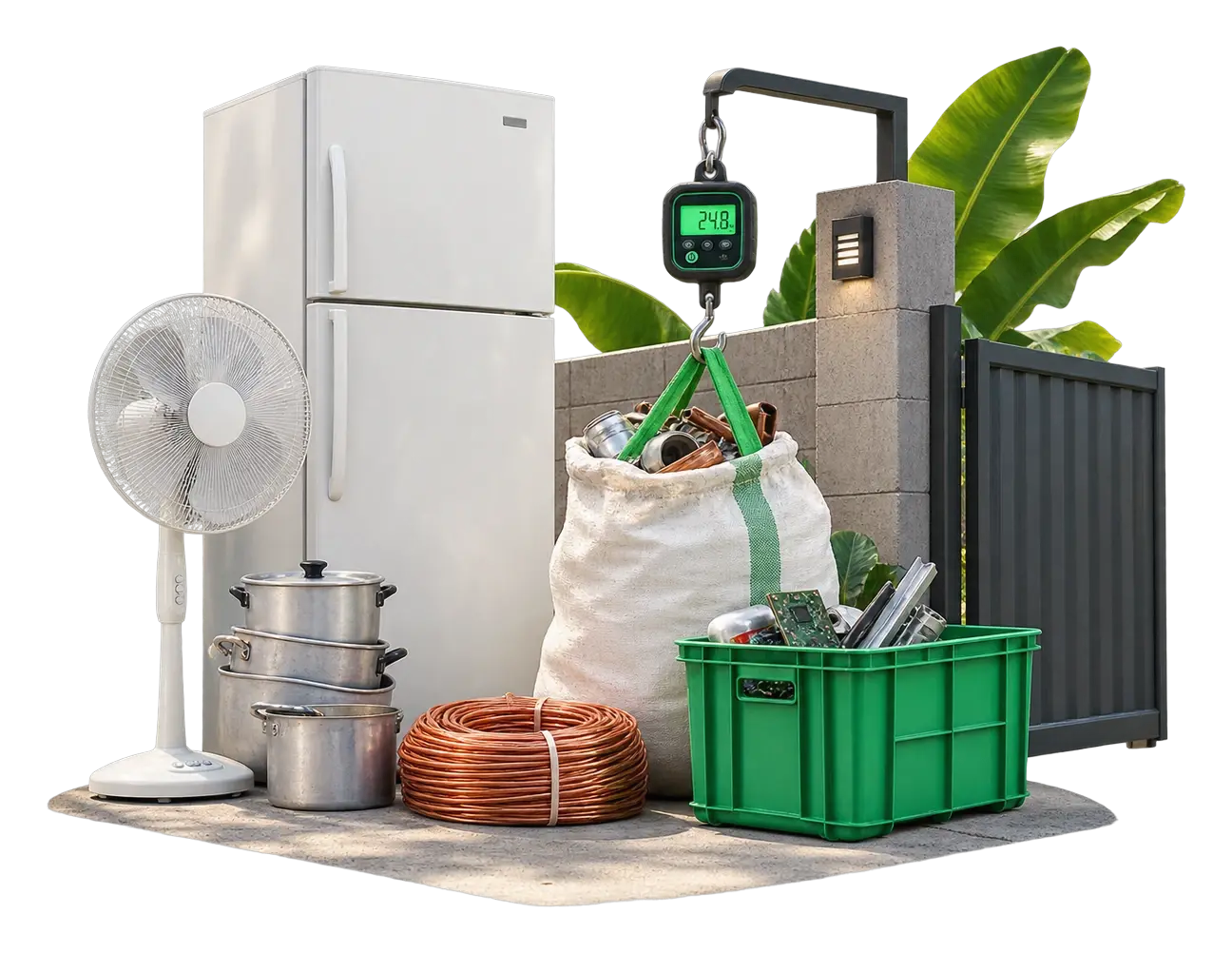 Household scrap gathered at a doorstep for pickup - fridge, fan, aluminium pots, copper wire and a filled sack on a digital scale