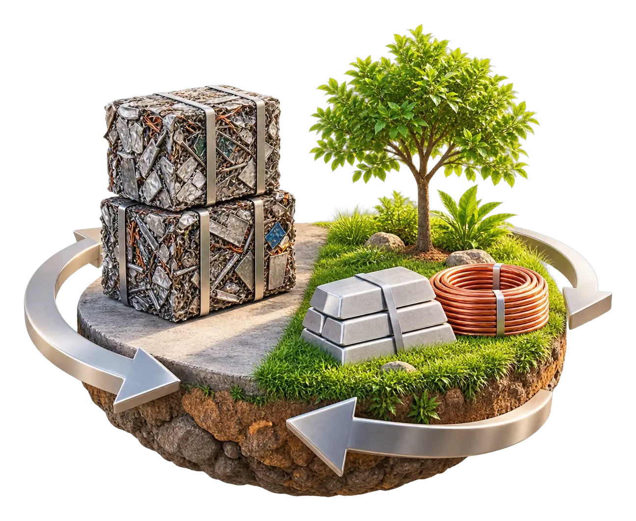 Baled scrap metal turning into new aluminium ingots and copper coil beside a growing tree, circled by recycling arrows